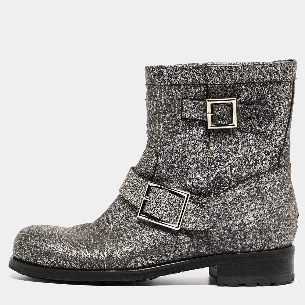 Jimmy Choo Youth Biker Boots in Textured Metallic Leather